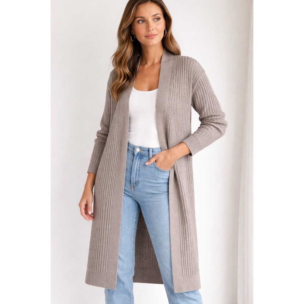 Long Open-Front Ribbed Cardigan Sweater - Taupe